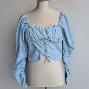 Denim Corset Puff Sleeve Lace Up Crop Top